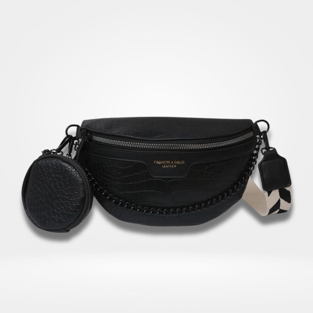 Sac banane femme noir avec pochette assortie, chaîne noire et sangle réglable à motifs, accessoire élégant et intemporel pour un style moderne