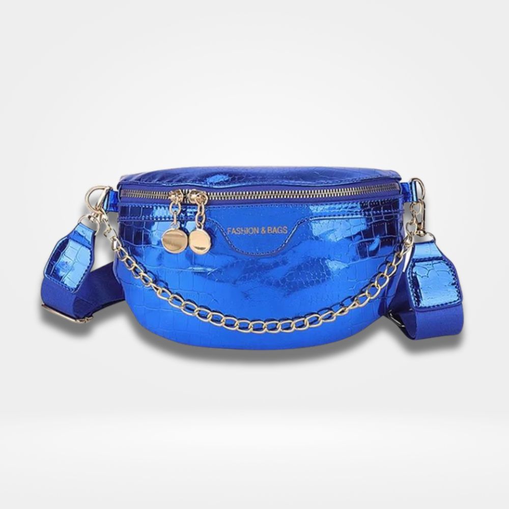 Sac banane femme bleu métallisé avec chaîne dorée et double fermeture éclair, accessoire tendance et original pour un style moderne et élégant