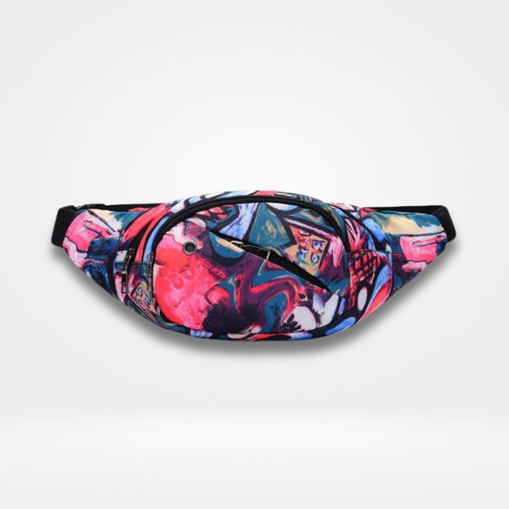 Sac banane graffiti multicolore style streetwear avec imprimé artistique rouge, bleu et noir, accessoire tendance et pratique pour homme et femme