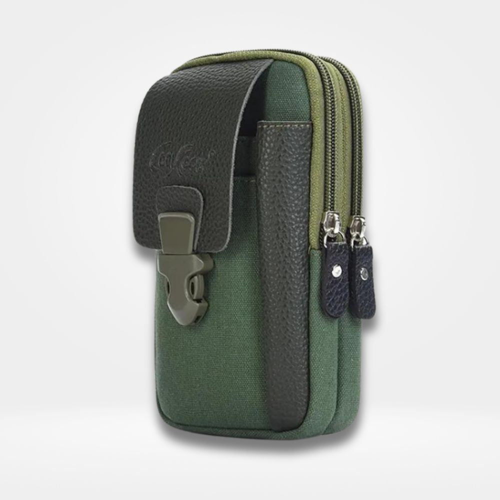 Pochette de ceinture verte multifonction pour homme, avec poches zippées, clip de sécurité et porte-stylo intégré, idéale pour transporter smartphone, clés et petits accessoires.