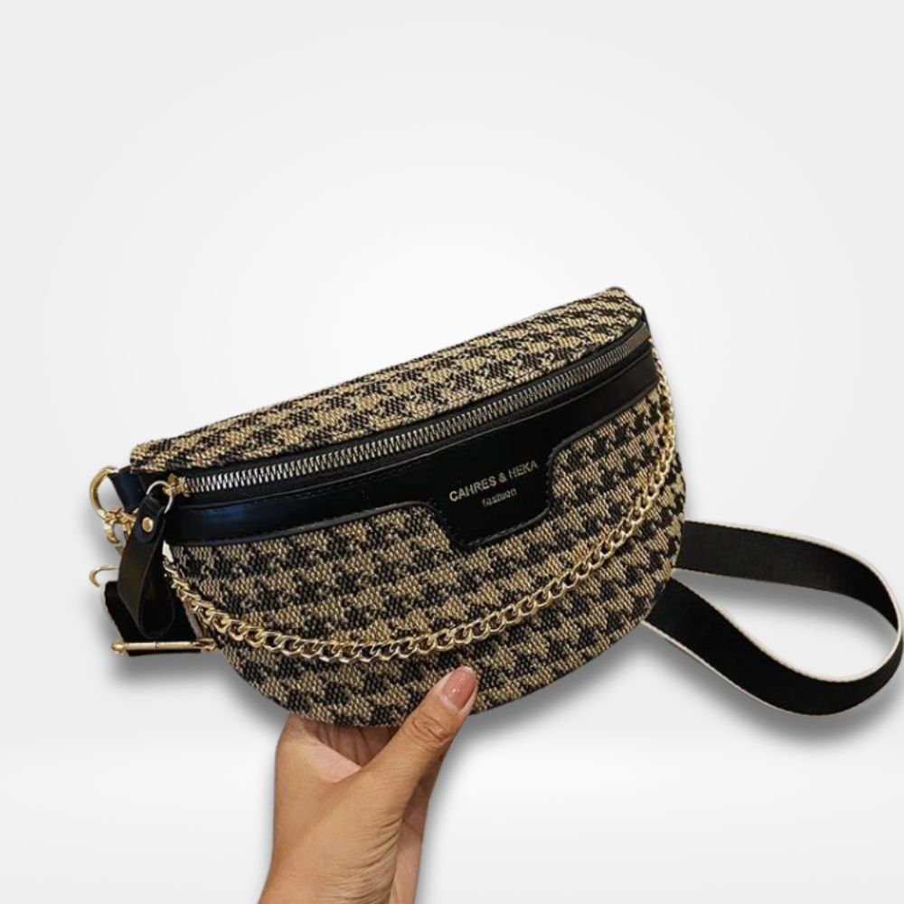 Sac banane femme en tissu à motif pied-de-poule avec chaîne dorée et fermeture zippée, accessoire chic et original pour un style élégant