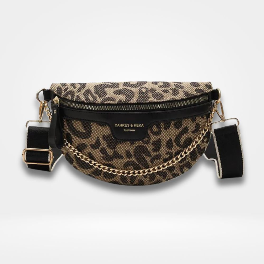 Sac banane femme à imprimé léopard avec chaîne dorée et sangle réglable, accessoire tendance et audacieux pour un look moderne et stylé