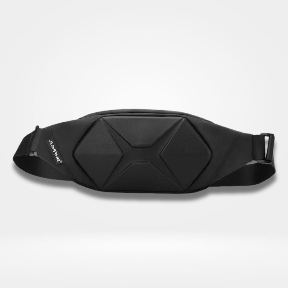 Sac banane homme noir imperméable, design rigide et moderne avec coque de protection et sangle réglable.