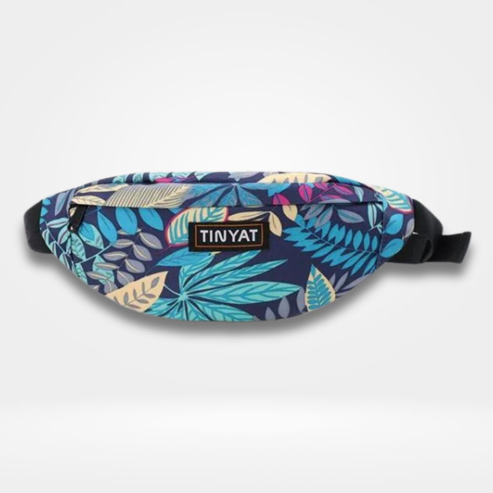 Sac banane couleur bleu marine avec imprimé fleuri multicolore, fermeture zippée et sangle ajustable — sac tendance pour femme, adolescent et festival