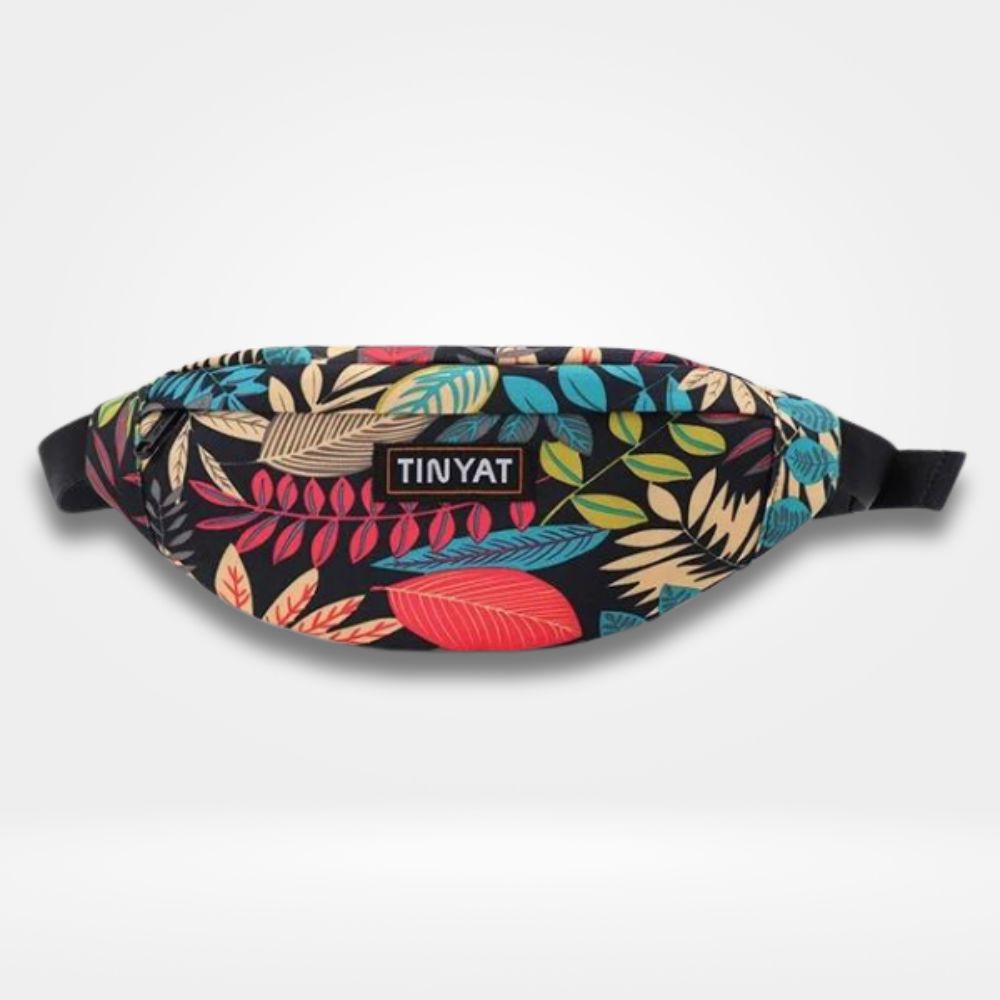 Sac banane couleur imprimé fleuri multicolore sur fond noir, fermeture zippée et sangle ajustable — sac tendance pour femme, ado et festival