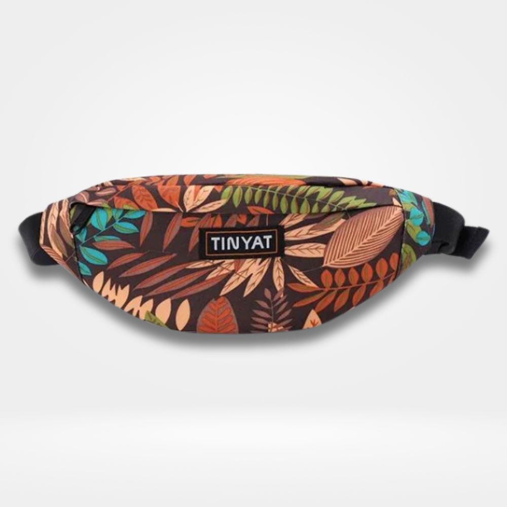 Sac banane couleur marron avec imprimé feuillage multicolore automnal, fermeture zippée et sangle ajustable — sac tendance pour femme, ado et voyage