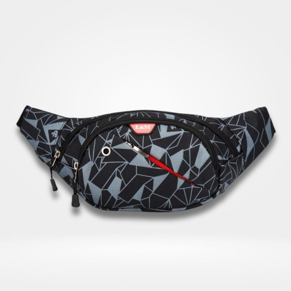 Sac banane garçon noir à motif géométrique noir avec poches multiples et zip solide — sacoche ceinture ado pratique.