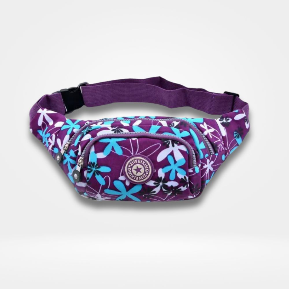Sacoche banane violet avec imprimé floral bleu et blanc, multiples poches zippées et sangle réglable — sac pratique et tendance pour fille, garçon et ado