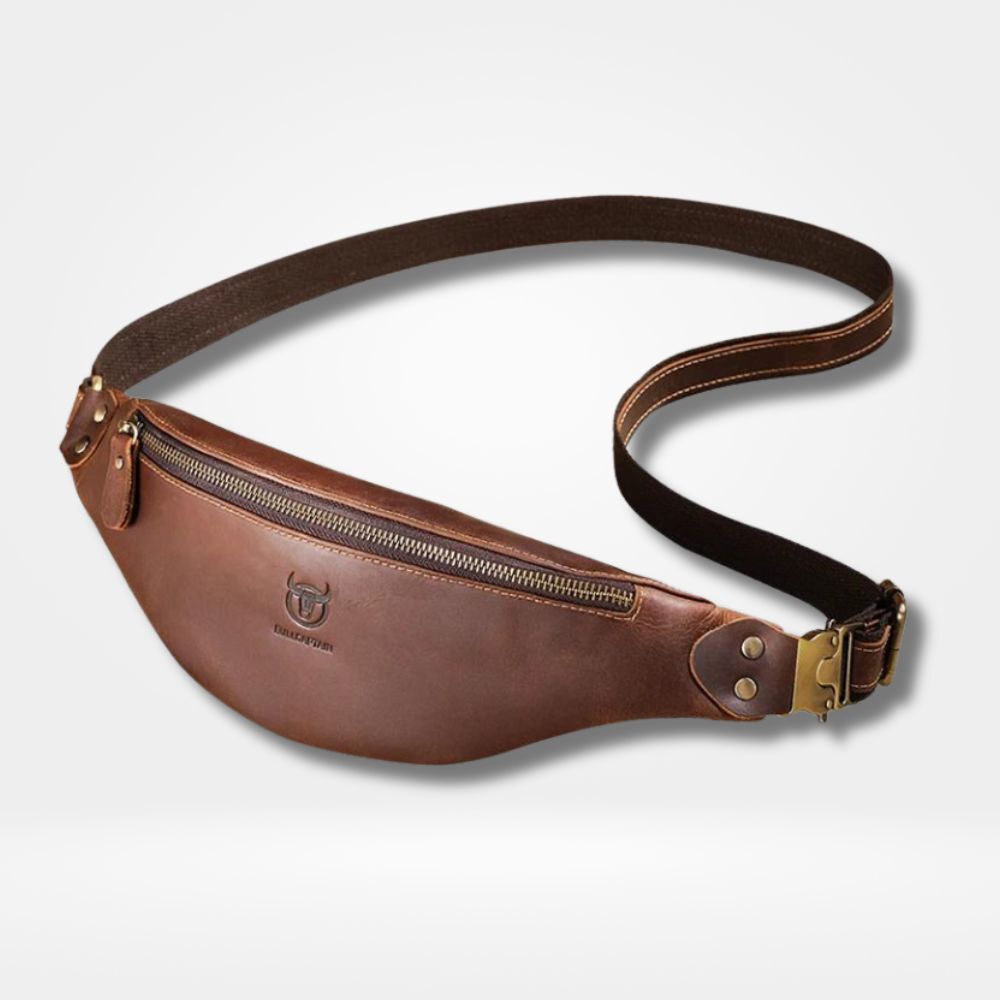 Sac banane cuir homme marron, design minimaliste, zip métal et sangle réglable — sac ceinture chic et pratique pour voyage et quotidien