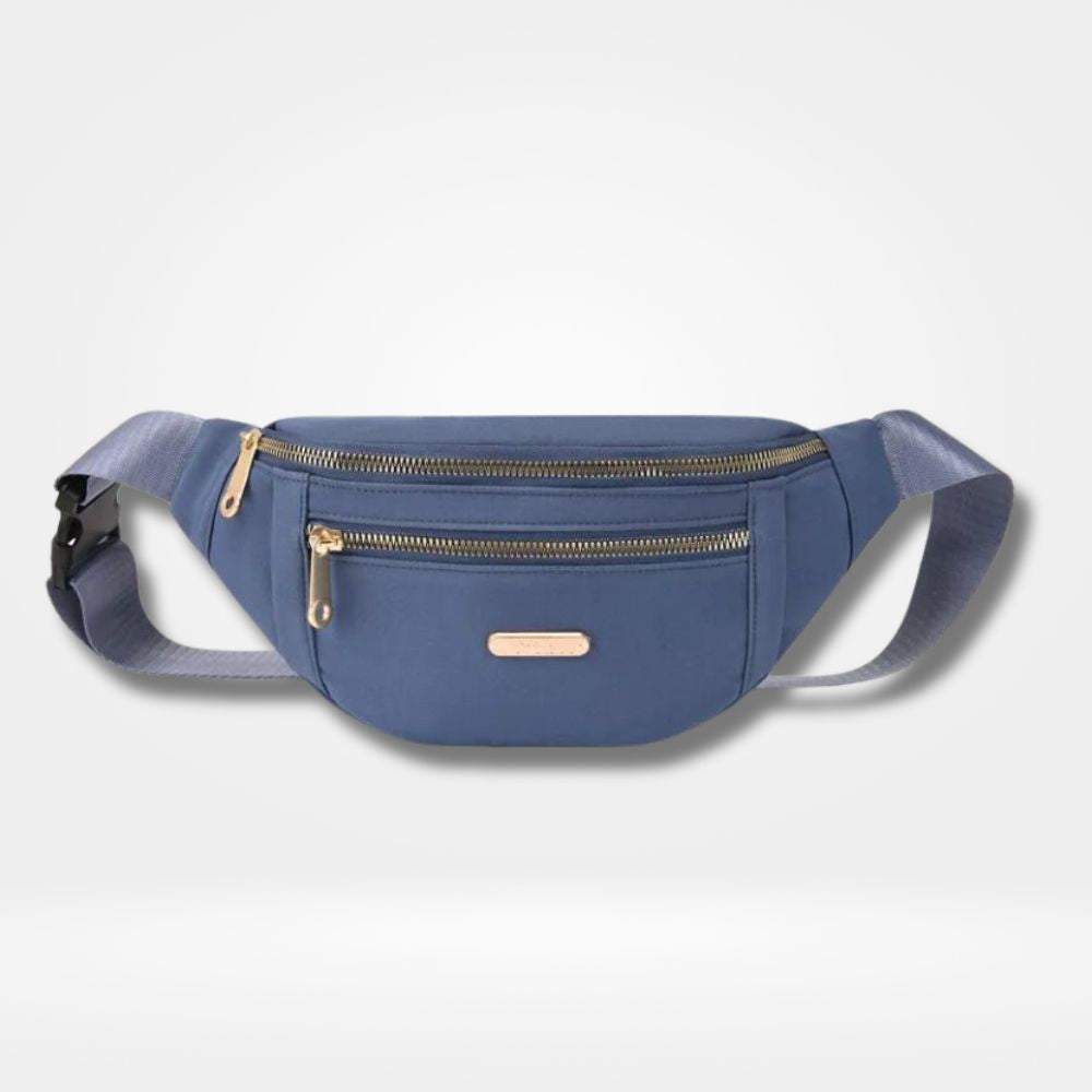 ac banane bleu femme avec 2 poches zippées dorées et sangle ajustable — sac pratique et élégant pour le quotidien, le voyage et les sorties