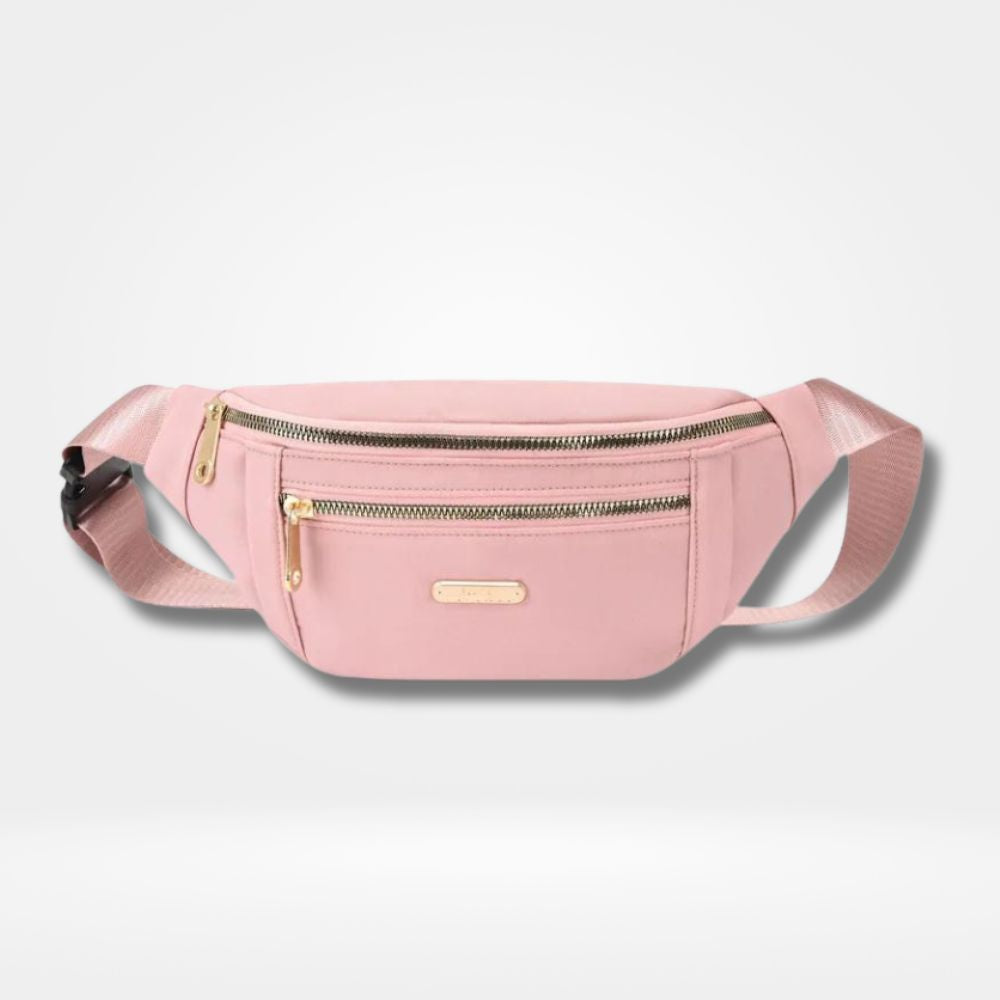 Sac banane rose élégant avec double fermeture éclair dorée — accessoire chic et pratique pour femme.