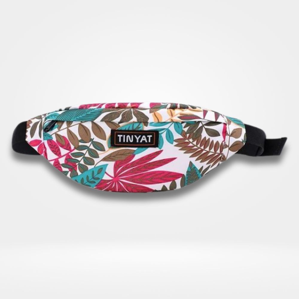 Sac banane fleuri blanc et multicolore avec motif tropical et fermeture éclair — sacoche ceinture pratique pour femme.