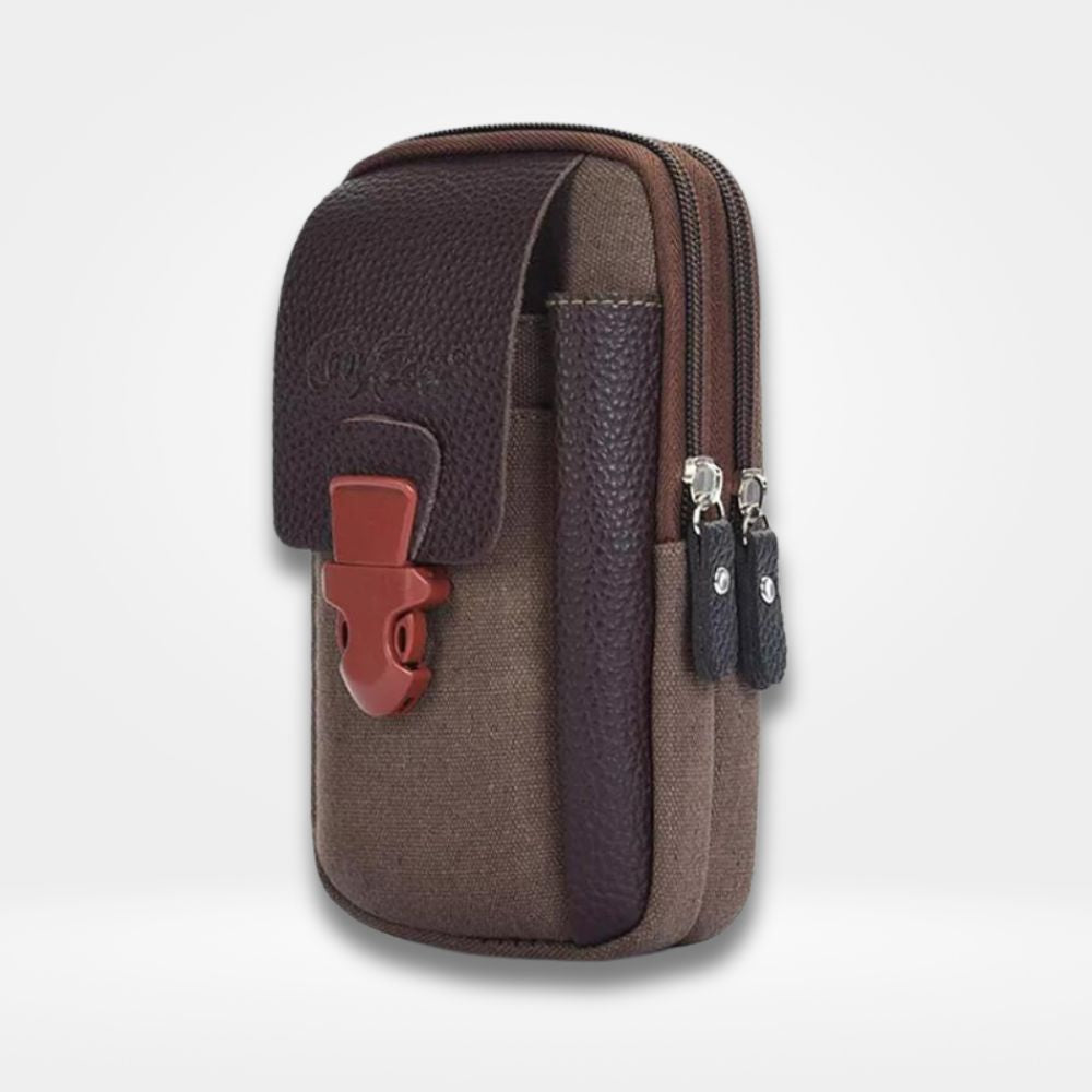 Pochette de ceinture marron multifonction pour homme, dotée de compartiments zippés, d’un clip de sécurité et d’un porte-stylo, parfaite pour transporter smartphone et accessoires au quotidien.