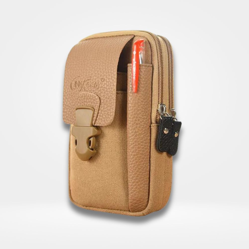 Pochette de ceinture beige multifonction pour homme, avec poches zippées, clip de sécurité et porte-stylo, parfaite pour transporter smartphone, clés et petits accessoires au quotidien.