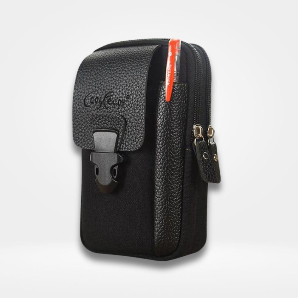 Pochette de ceinture noire multifonction pour homme, avec compartiments zippés, clip de sécurité et emplacement pour stylo, idéale pour transporter smartphone et accessoires.