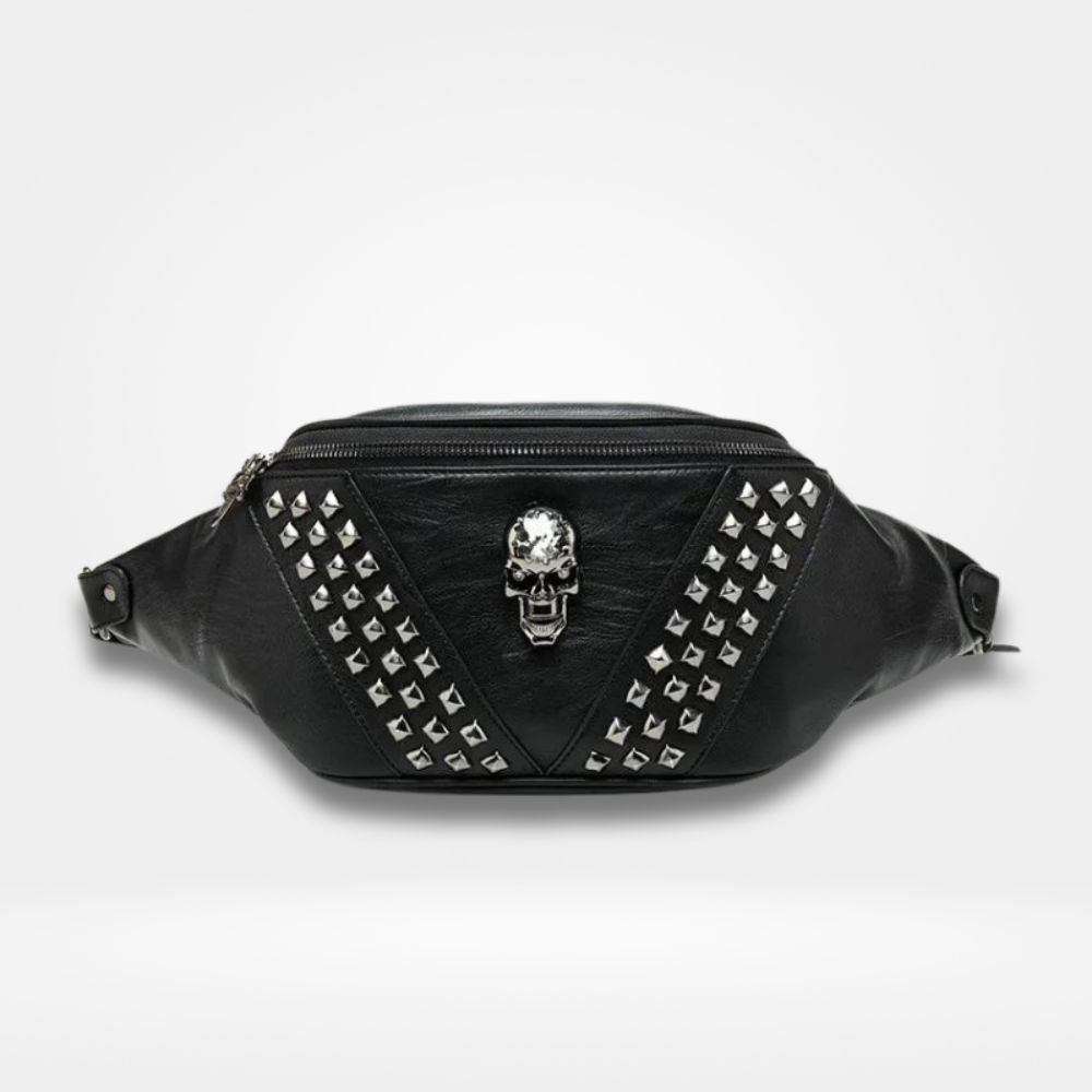 Sac banane noir tête de mort avec clous argentés et fermeture zippée, design rock et gothique — sac banane original unisexe pour concerts, festivals et look urbain