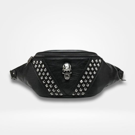 Sac banane noir tête de mort avec clous argentés et fermeture zippée, design rock et gothique — sac banane original unisexe pour concerts, festivals et look urbain