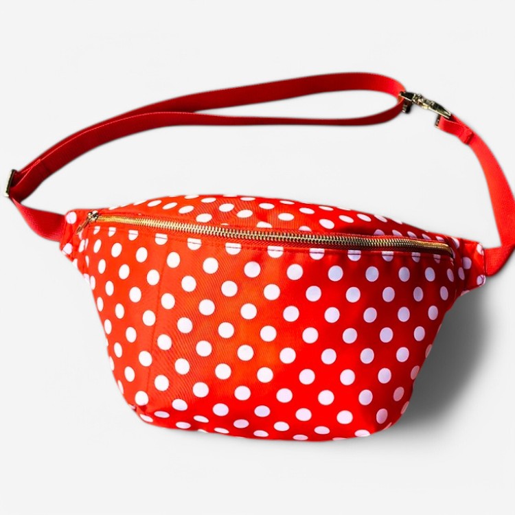 Sac banane fantaisie rouge imprimé pois blancs avec bandoulière réglable style coloré et tendance