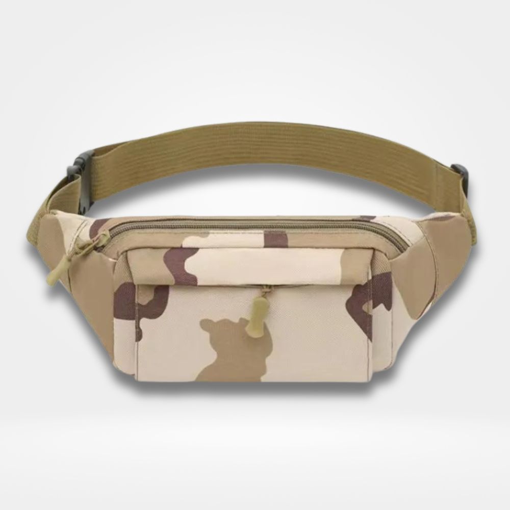 Sac banane camouflage beige pour homme, modèle tactique avec poche zippée frontale et sangle ajustable, idéal pour randonnée, chasse et activités outdoor.