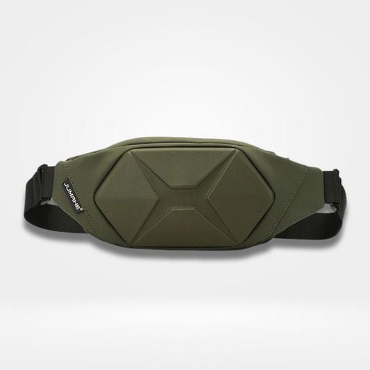 Sac banane homme vert imperméable, design rigide et moderne avec coque de protection et sangle réglable.