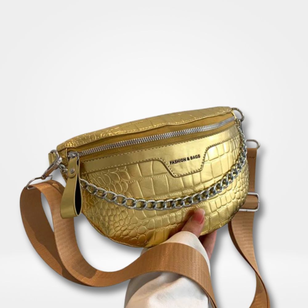 Sac banane doré femme effet croco avec chaîne argentée et sangle réglable — sac banane couleur chic et tendance pour soirée, voyage et quotidien