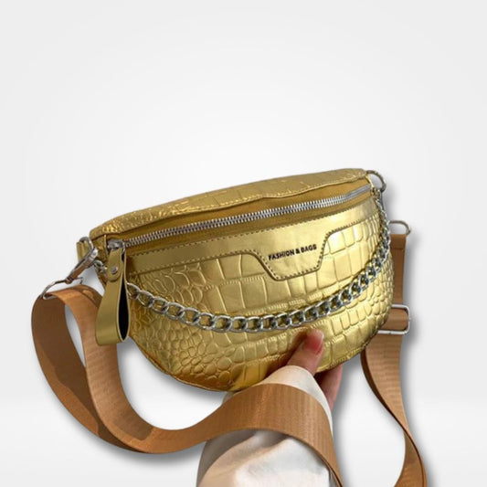 Sac banane doré brillant avec motif croco et chaîne métallique — accessoire mode chic pour femme.