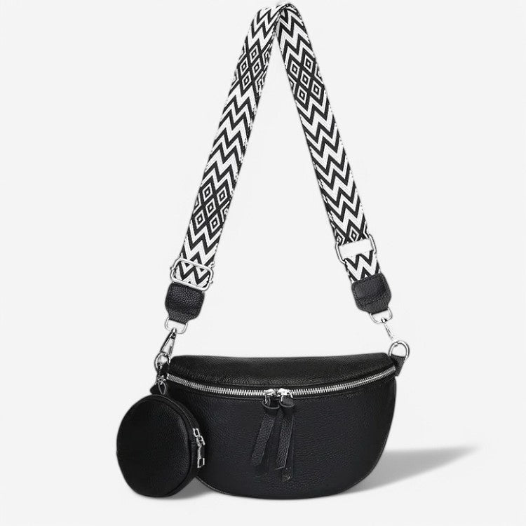 Sac banane noir en simili cuir avec bandoulière large imprimé noir et blanc et mini pochette ronde — accessoire tendance femme