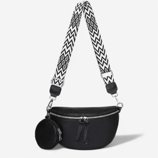 Sac banane noir en simili cuir avec bandoulière large imprimé noir et blanc et mini pochette ronde — accessoire tendance femme