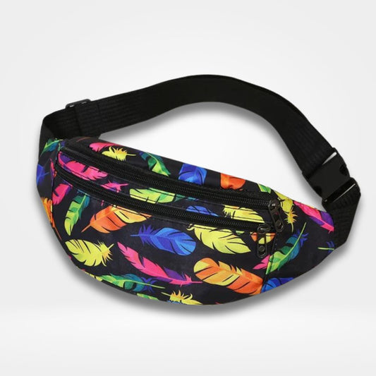 Sac banane couleur noir avec imprimé plumes multicolores, deux poches zippées et sangle réglable — sac banane tendance et pratique pour femme et ado