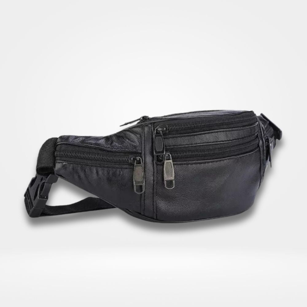 Sac banane homme vintage en simili cuir noir, avec plusieurs poches zippées et sangle ajustable, parfait pour un style classique et pratique au quotidien.