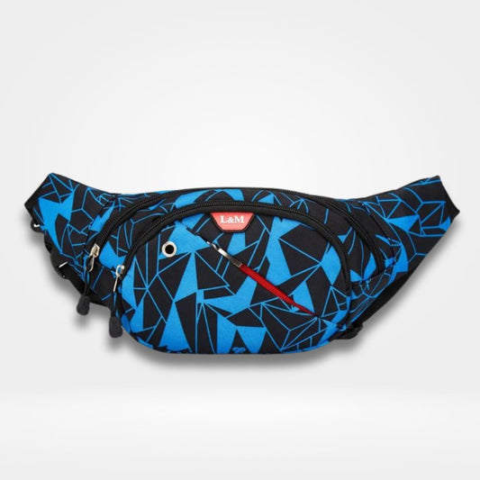 Sacoche banane garçon bleu et noir avec imprimé géométrique, multiples poches zippées et sangle réglable — sac pratique pour école, sport et loisirs