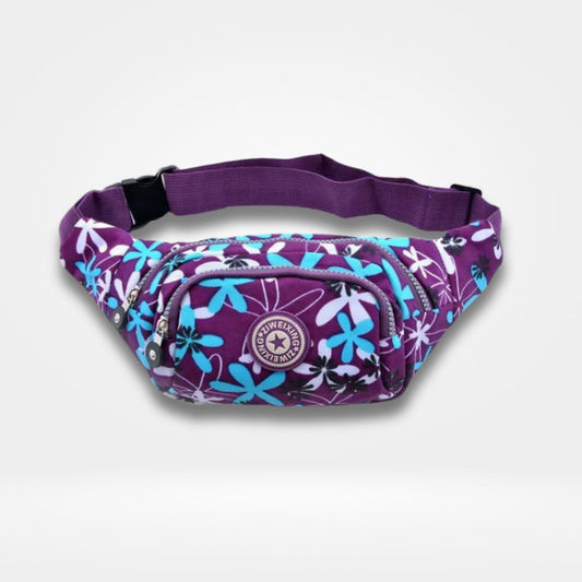 Sacoche banane violet avec imprimé floral bleu et blanc, multiples poches zippées et sangle réglable — sac pratique et tendance pour fille, garçon et ado