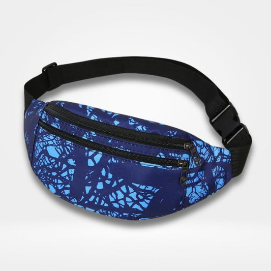 Sacoche banane garçon bleu motif abstrait avec fermetures éclair — sac ceinture pratique pour sport et loisirs.