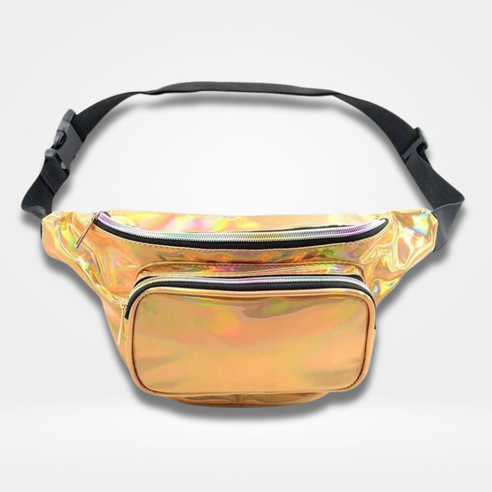 Sac banane jaune électrique métallisé avec poches zippées — accessoire fashion pour voyages et concerts.