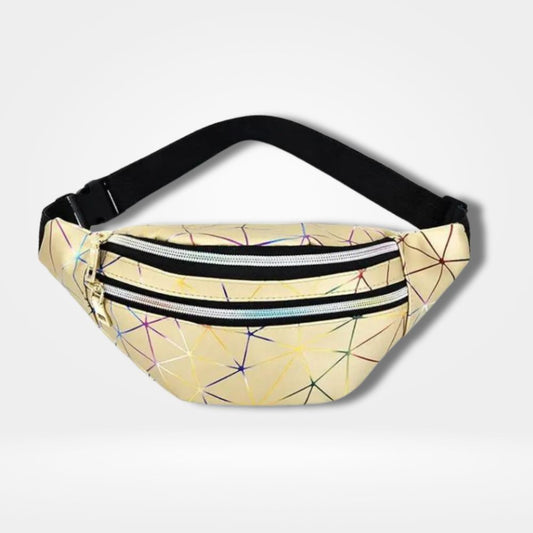 Sac banane 2 poches beige avec imprimé géométrique multicolore et double fermeture éclair — sac pratique et tendance pour femme, homme et adolescent