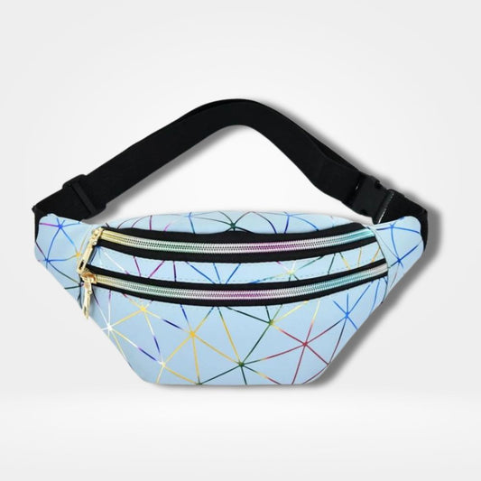 Sac banane 2 poches bleu clair avec imprimé géométrique multicolore et double fermeture éclair — sac pratique et tendance pour homme, femme et adolescent