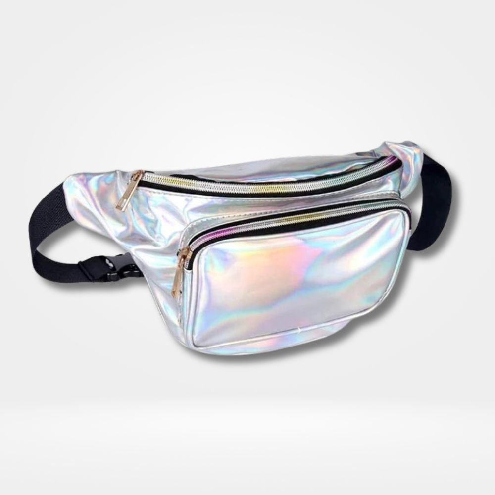 Sac banane argent holographique femme avec 2 poches zippées et sangle réglable — sac tendance idéal festival et sorties