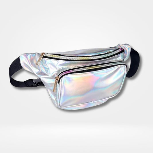 Sac banane argent holographique femme avec 2 poches zippées et sangle réglable — sac tendance idéal festival et sorties