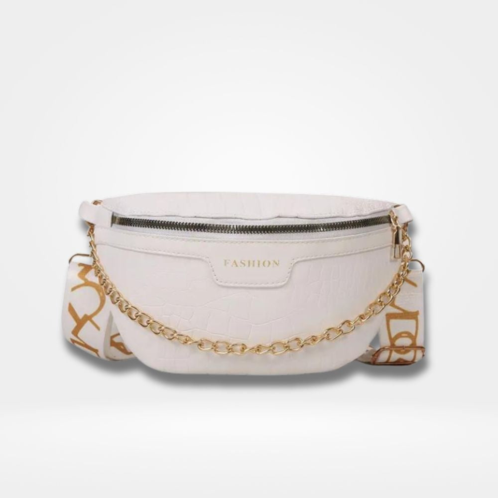 Sac banane blanc tendance pour femme avec finition croco, chaîne dorée et bandoulière ajustable.