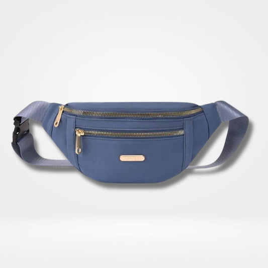 ac banane bleu femme avec 2 poches zippées dorées et sangle ajustable — sac pratique et élégant pour le quotidien, le voyage et les sorties