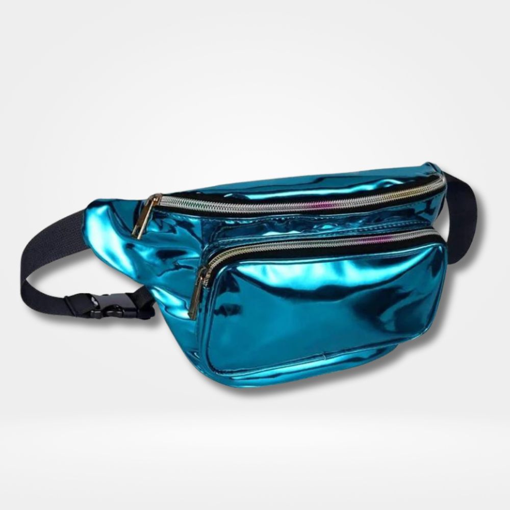 Sac banane bleu métallisé femme avec 2 poches zippées et sangle réglable — accessoire tendance et pratique pour festivals, voyages et sorties