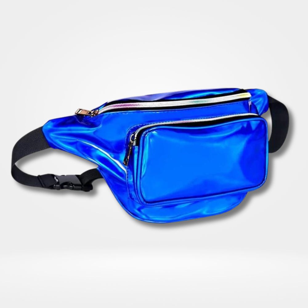 Sac banane chic bleu brillant avec 2 poches zippées — accessoire tendance pour soirée.
