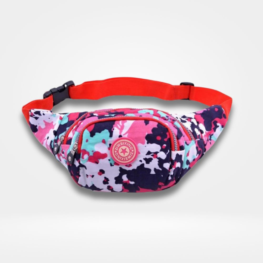 Sac banane camouflage multicolore rouge bleu et rose avec sangle rouge ajustable — accessoire pratique et tendance pour enfants, ados et adultes