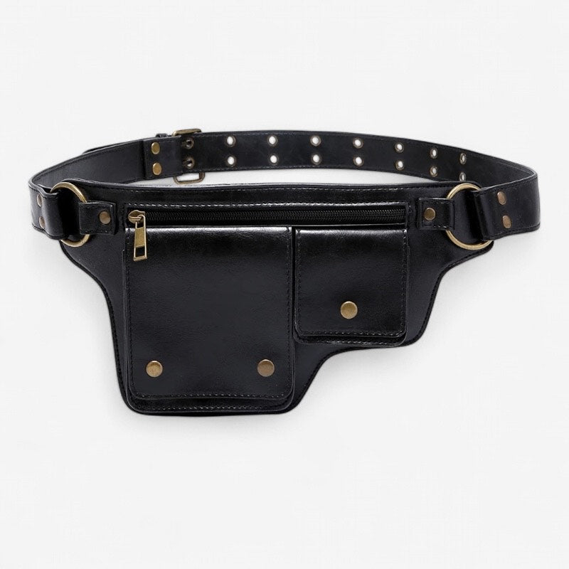 Sac banane ceinture équitation en cuir noir avec poches multiples et sangle réglable — sac pratique pour cavalier et cavalière