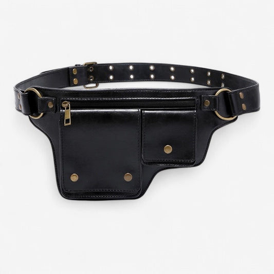 Sac banane ceinture équitation en cuir noir avec poches multiples et sangle réglable — sac pratique pour cavalier et cavalière