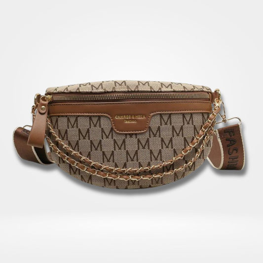 Sac banane chic femme en toile beige imprimée avec détails marron et chaîne dorée — accessoire tendance et élégant