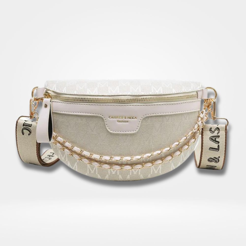Sac banane femme chic en toile imprimée beige avec finitions cuir marron et chaîne dorée.