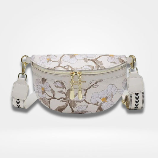 Sac banane blanc à motifs floraux élégants pour femme — accessoire chic et tendance avec bandoulière ajustable