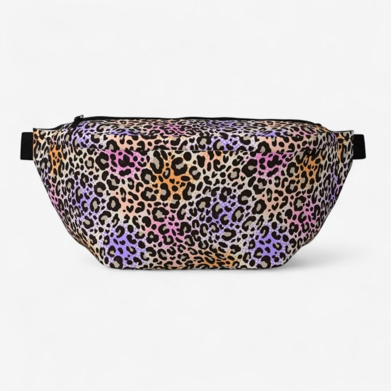 Sac banane léopard multicolore unisexe — accessoire tendance imprimé animal avec nuances violet, orange et rose