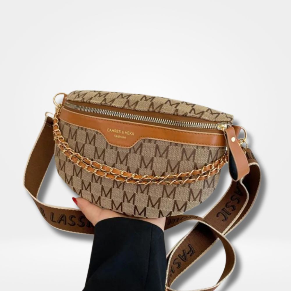 Sac banane chic marron pour femme avec design à motifs et bandoulière réglable.
